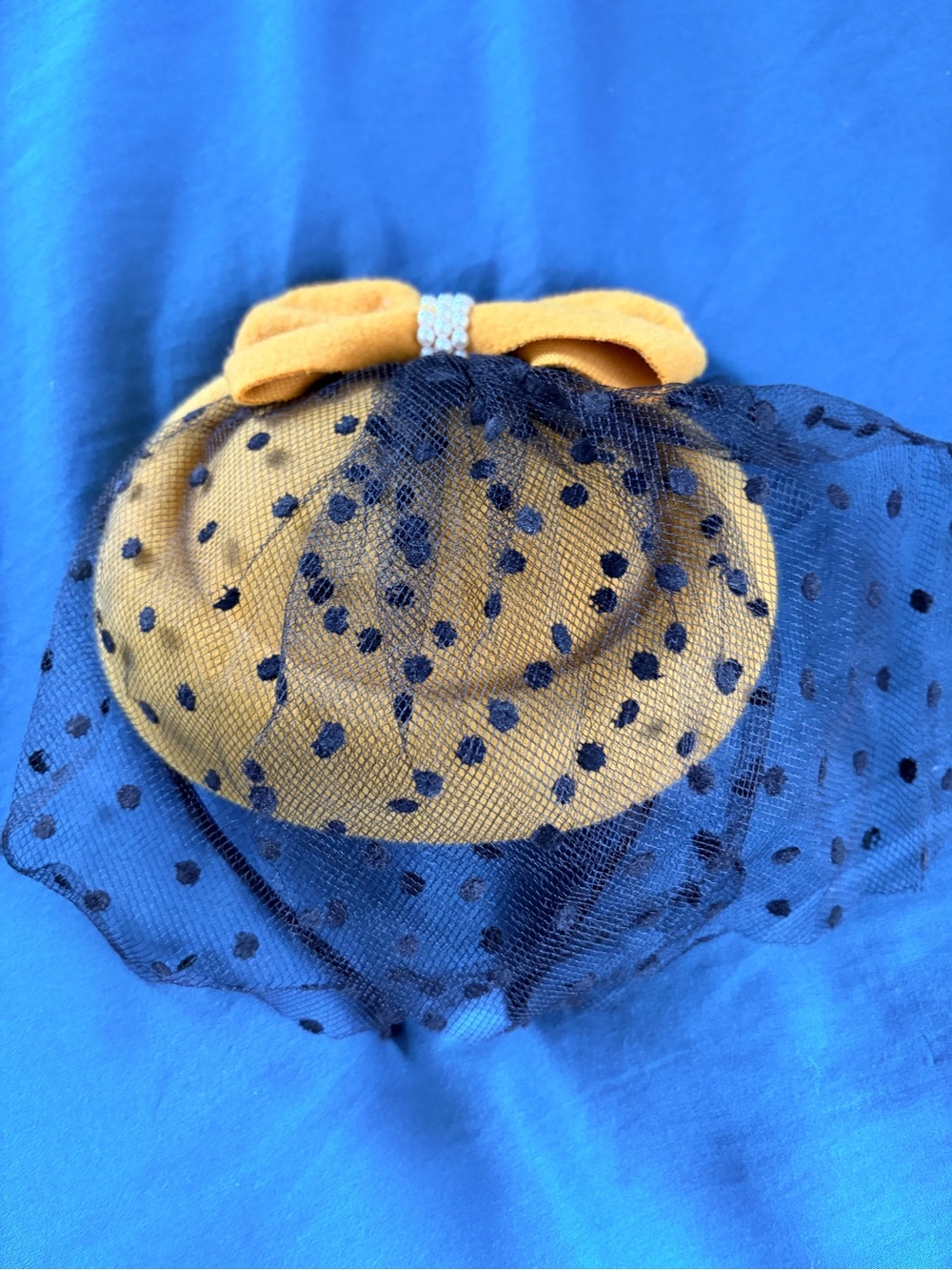 Vintage Style Mustard Pillbox Fascinator Hat Black Polka Dot Veil Bow